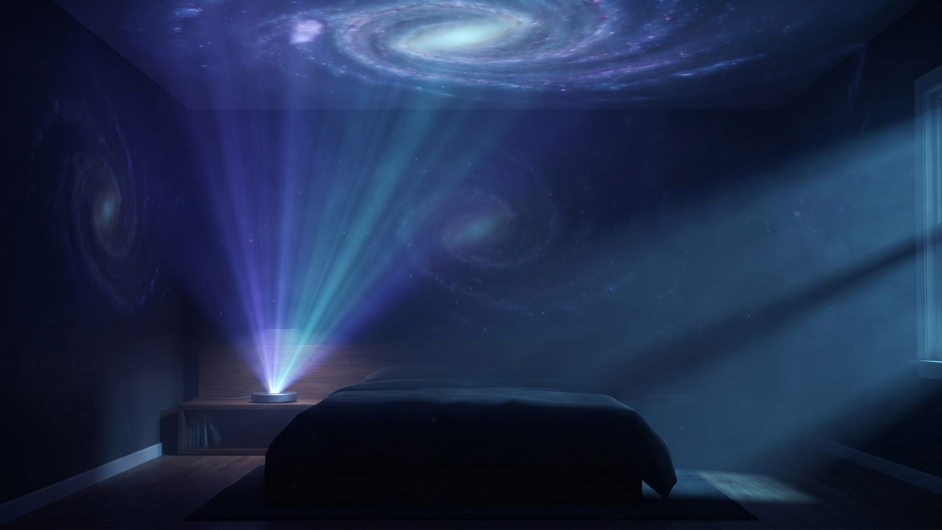 A dark bedroom completely filled with Driftlight's indigo atmosphere — galaxy sweep across the ceiling, the rig firing on a bedside shelf