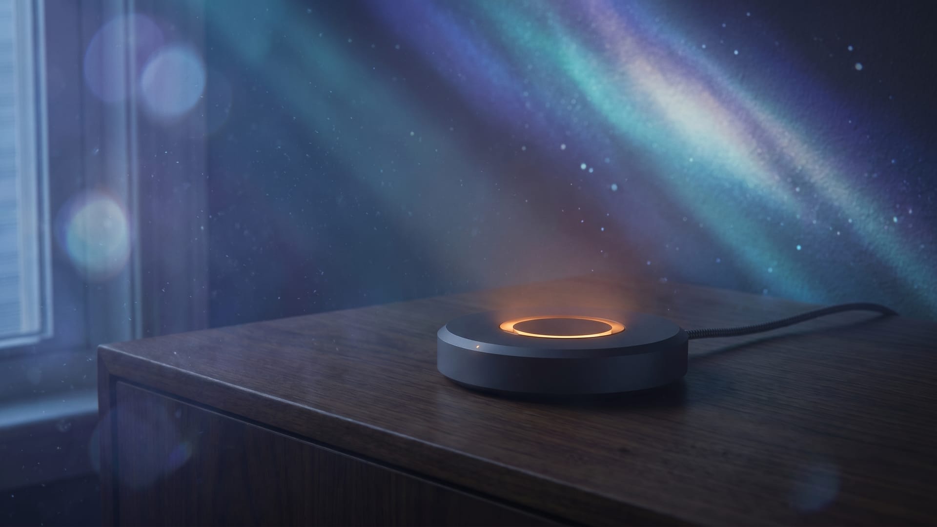 The same room fired — the frame filled with drifting indigo atmosphere and a galaxy sweep