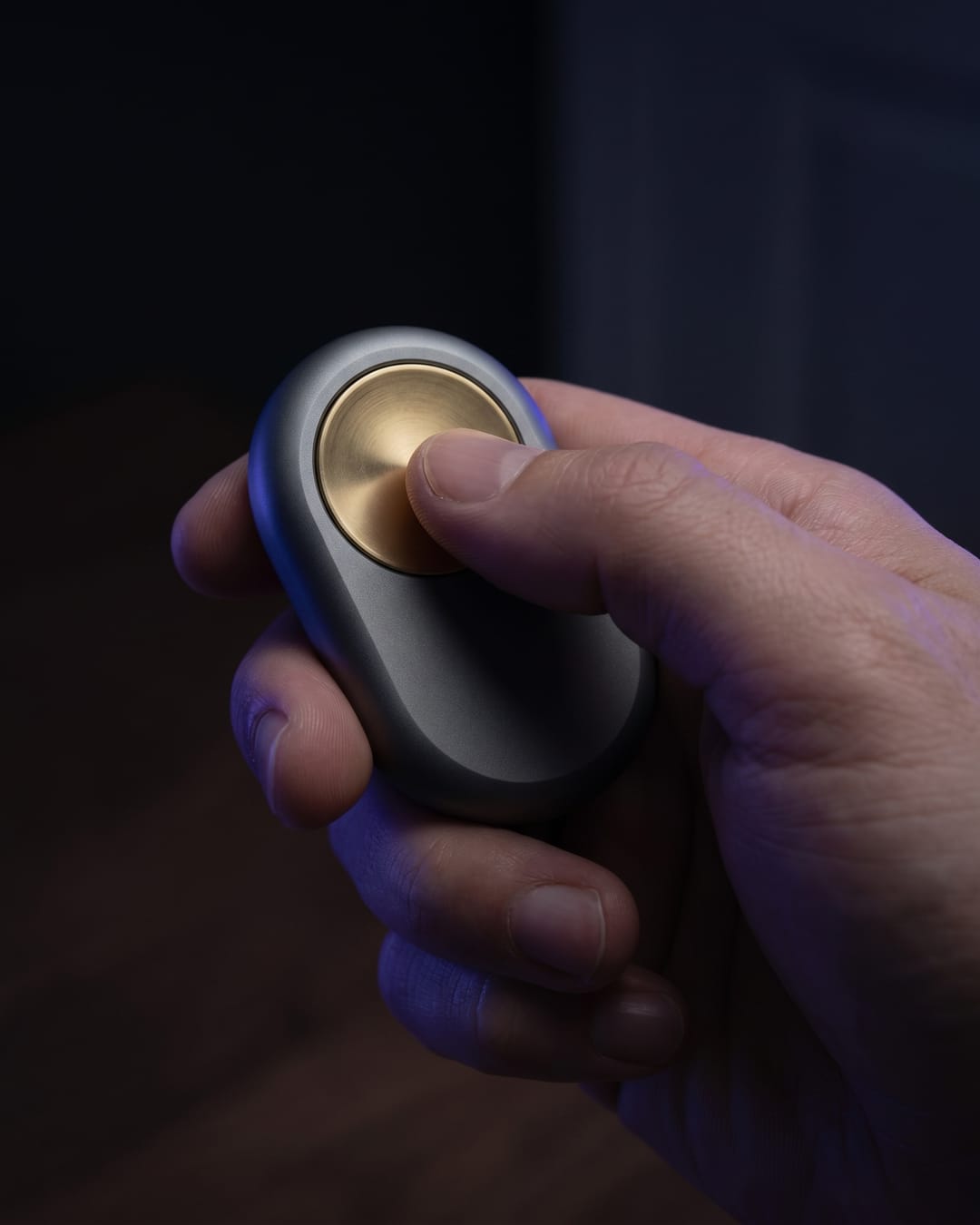 A hand holding the pebble remote, thumb resting on the single brass button